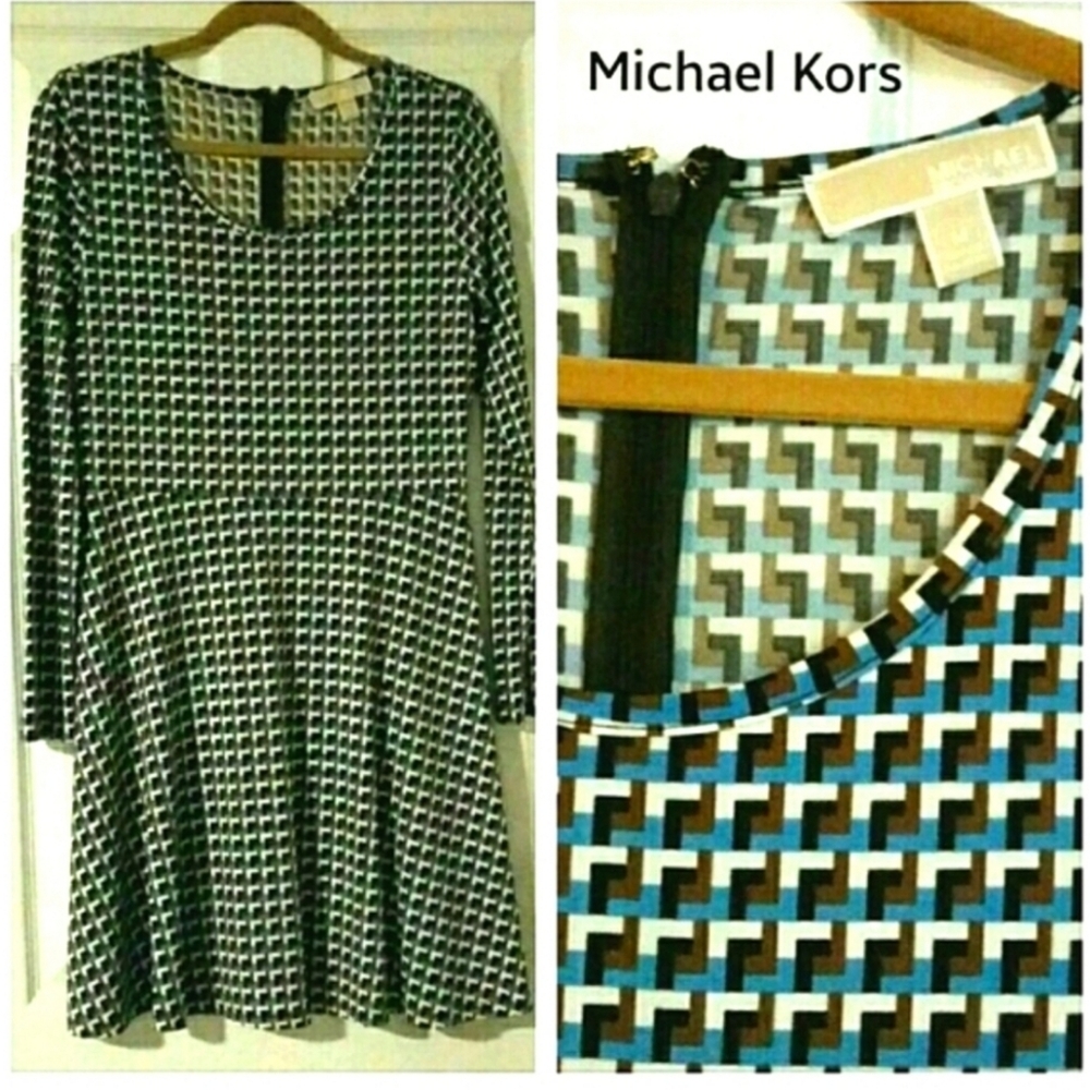 Michael Kors Blue and White Fit and Flare Long Sleeve Dress